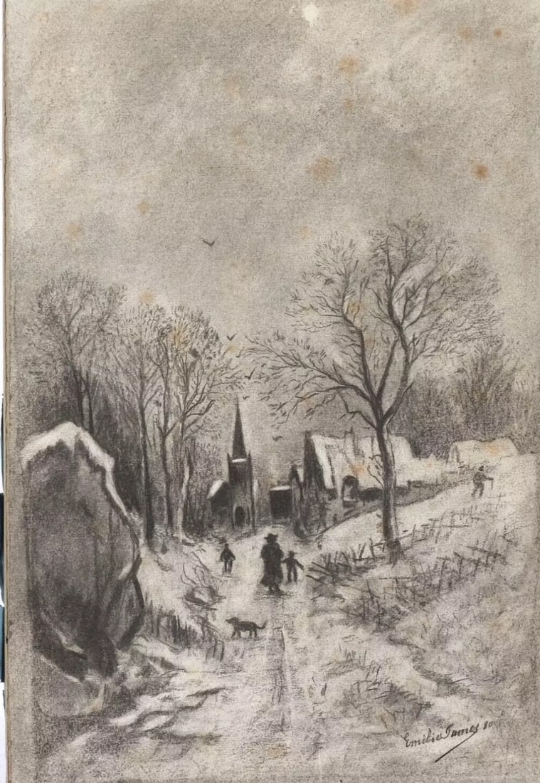 Antique Original Drawings Charcoal Family in a Path in Winter 1880 (1 of 8)