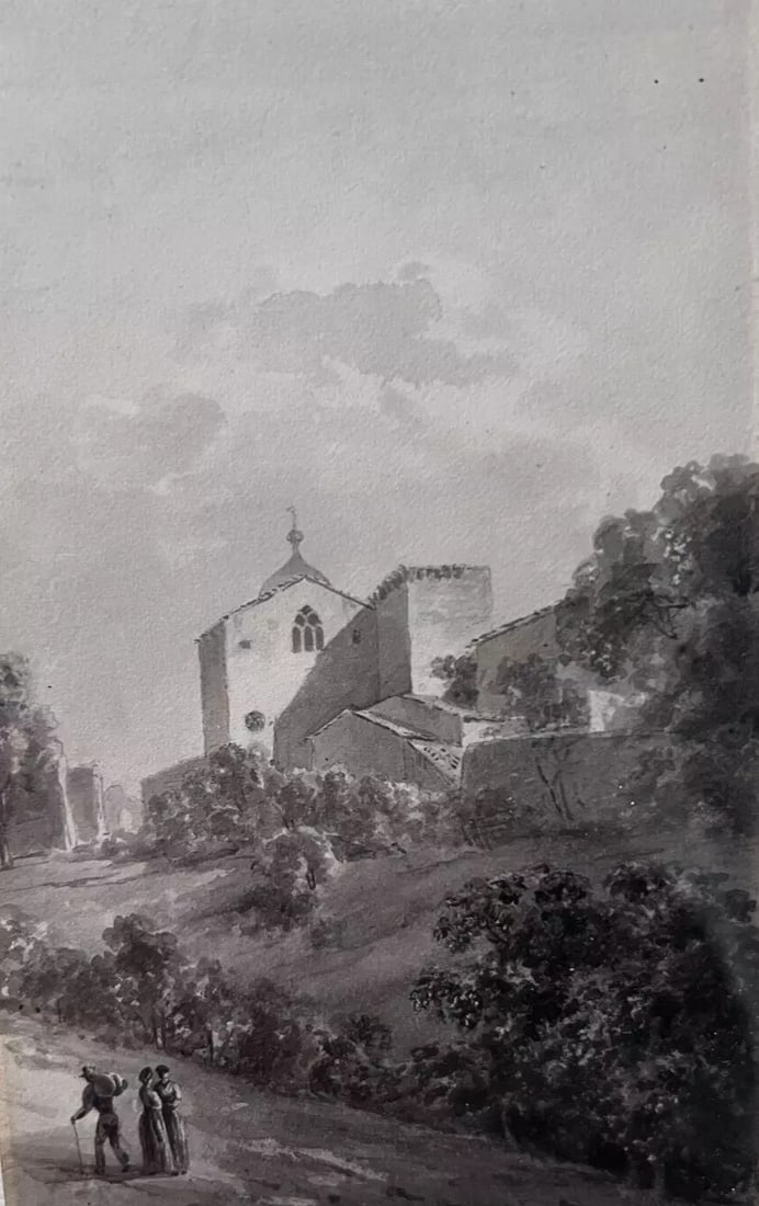 Antique Drawing Ink Original Village Landscape with People, Church Serouger 1824 (1 of 8)