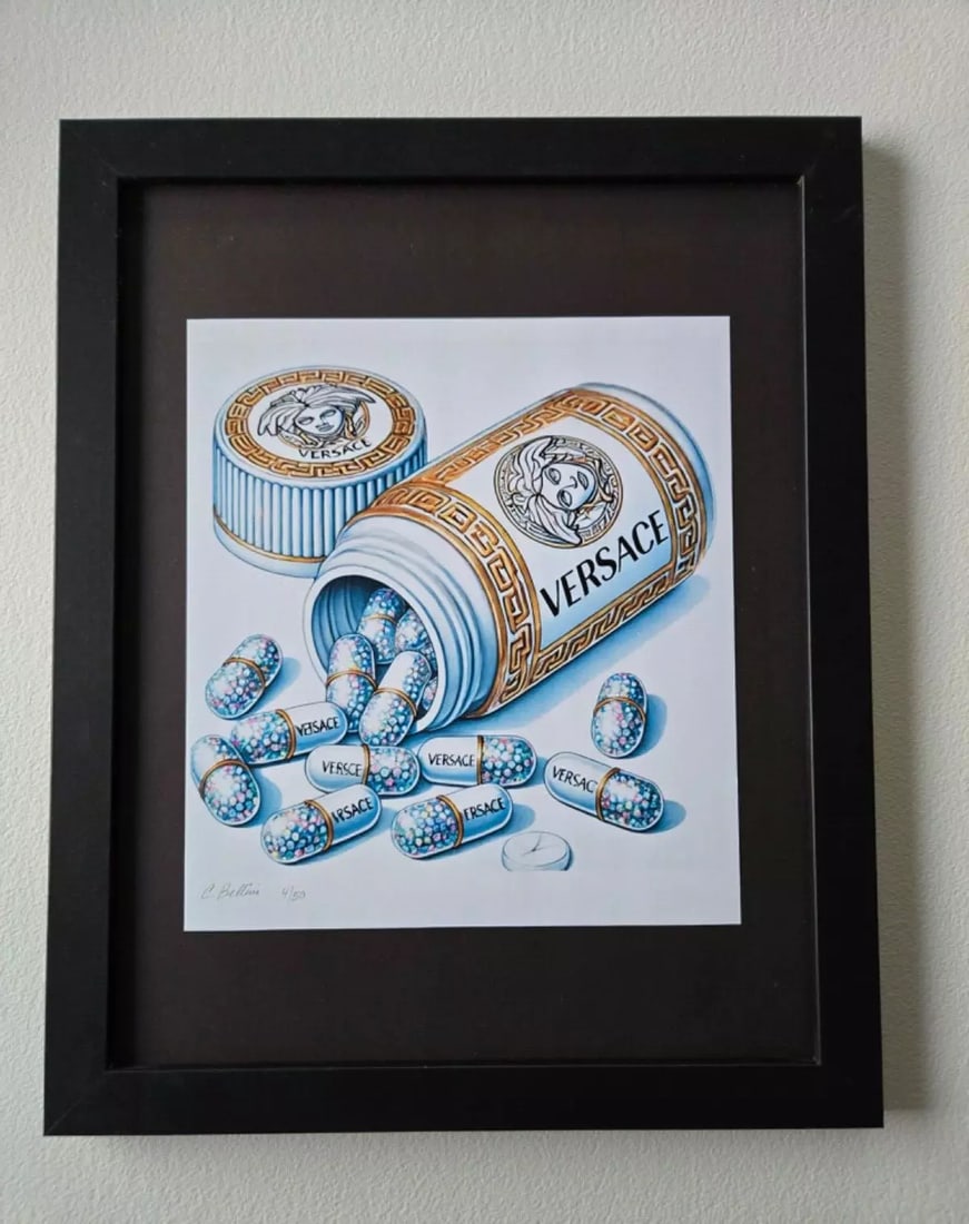 Chiara Bellini + "Versace Comfort Pills" Original Hand Signed Print Ltd Ed | COA: Versace Comfort Pills by Chiara Bellini Series: Shopping Therapy Artist: Chiara Bellini Title: Chanel Comfort Pills Edition: Limited edition of 50 Size: 15x12in Framed Medium: Giclée print on hig