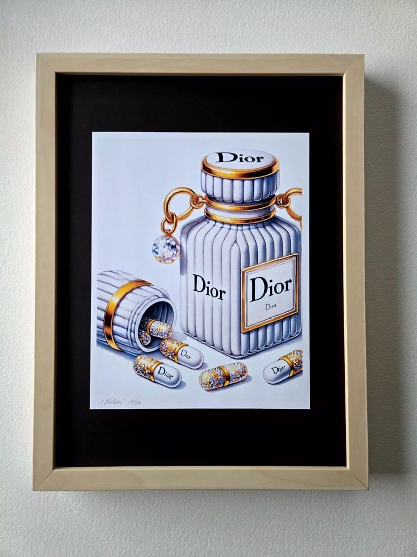 Chiara Bellini + " Dior Comfort Pills" Original Hand Signed Print Ltd Ed | COA: Dior Comfort Pills by Chiara Bellini Series: Shopping Therapy Artist: Chiara Bellini Title: Chanel Comfort Pills Edition: Limited edition of 50 Size: 17x13in Framed Medium: Giclée print on high-q