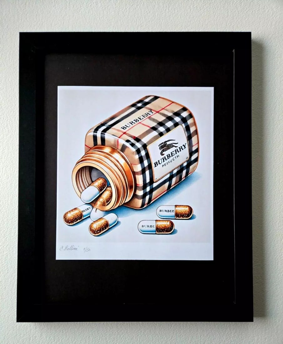 Chiara Bellini + "BRBERRY Comfort Pills" Original Hand Signed Print Ltd Ed | COA: LUXURY Comfort Pills by Chiara Bellini Series: Shopping Therapy Artist: Chiara Bellini Title: Chanel Comfort Pills Edition: Limited edition of 50 Size: 15x12in Framed Medium: Giclée print on high