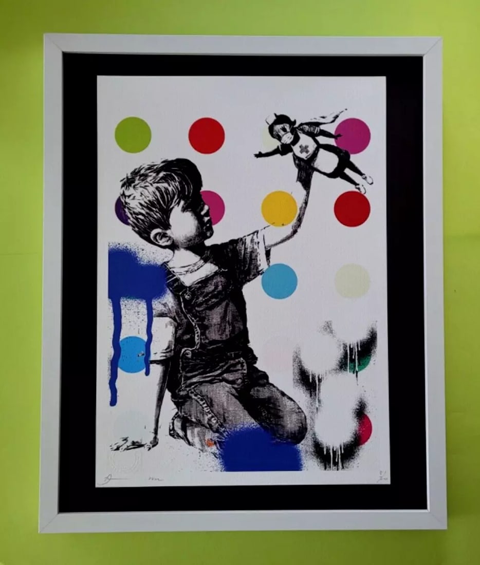 DEATH NYC Hand Signed LARGE Print Framed 16x20in COA BANKSY BOY DOTS HIRST #6: This is a Stunning and Scarce 100% Authentic New Print by Death NYC Hand Signed and Numbered in Pencil by the Artist Limited Edition of 100 Large Size: 45cm x 32cm About 18x13in Fine Art 300 gsm Paper