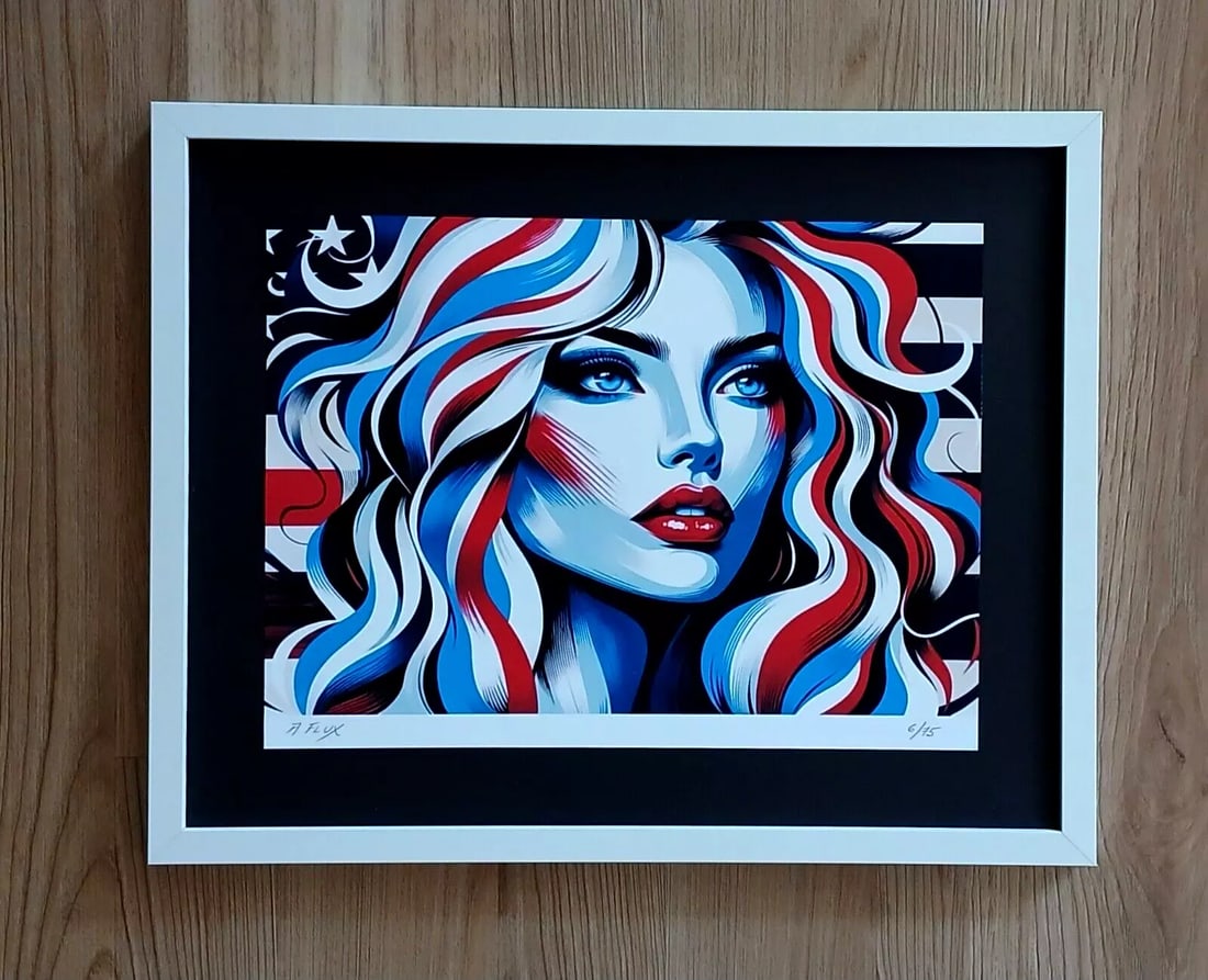 AIDAN FLUX | Hand Signed Authentic Print Framed | COA | American Woman: This is a one-of-a-kind Hand Signed Authentic Giclee by AIDAN FLUX. From his Series "American Woman" The artist has created a stunning piece of art that features a powerful message about women's empow