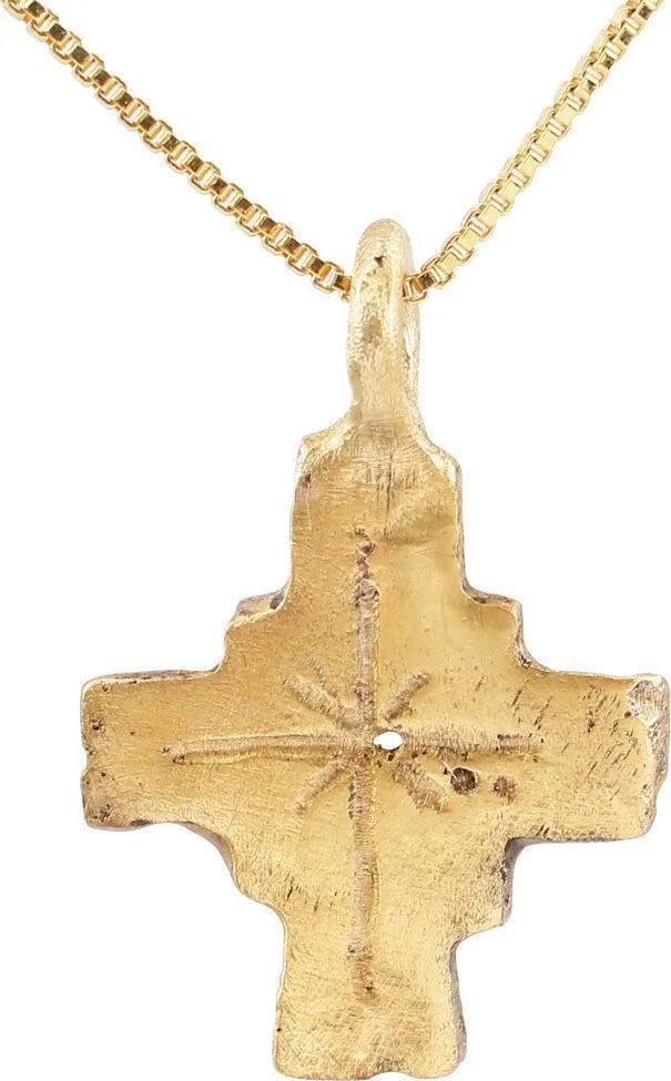 MEDIEVAL PILGRIM'S RELIQUARY CROSS NECKLACE, 7th-10th: Just over 1" height with a centered cross beam and a square at the intersection. Each beam with incised medial and the square with indents at the corners. Carried by European pilgrims traveling to the