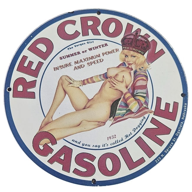 Vintage 1932 Red Crown Gasoline Porcelain Sign - Iconic Vargas Girl Artwork (1 of 1)