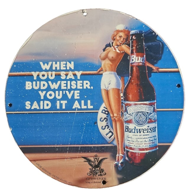 Vintage Budweiser Porcelain Sign - Collector's Item with Iconic Sailor Girl Artwork (1 of 1)