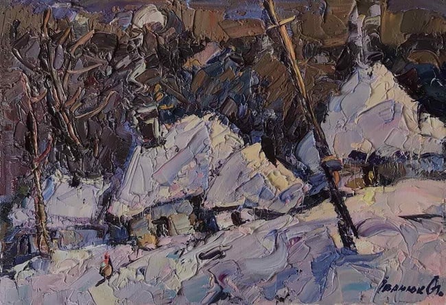 Oil painting Winter night Kalenyuk Alex: DescriptionKalen 694*** ABOUT THIS PAINTING **** TITLE: "Winter night"* ARTISTS: Kalenyuk Alex* SIZE: 24x34 cm/'9.44x13.38 inches' * MEDIUM: oil, canvas* HAND PAINTED: Original painting from our colle