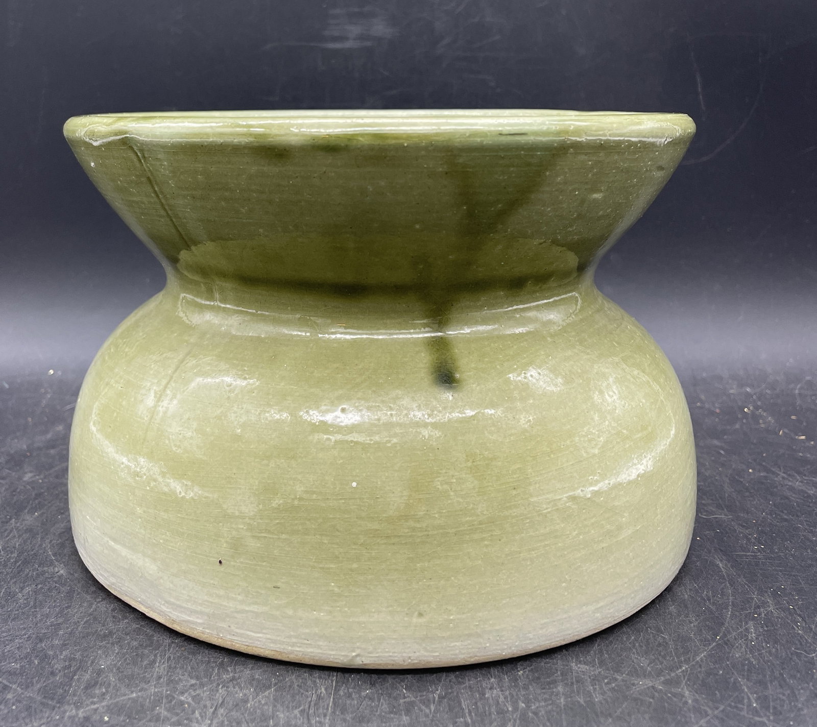 PRIMITIVE STONEWARE CUSPIDOR-SPITTOON GREEN: Title: PRIMITIVE STONEWARE CUSPIDOR-SPITTOON GREEN Date/Period: UNKNOWN Dimension: approx. 4.75 x 7 Material: Stoneware Additional Information: PRIMITIVE STONEWARE CUSPIDOR-SPITTOON GREEN Shipping: Do