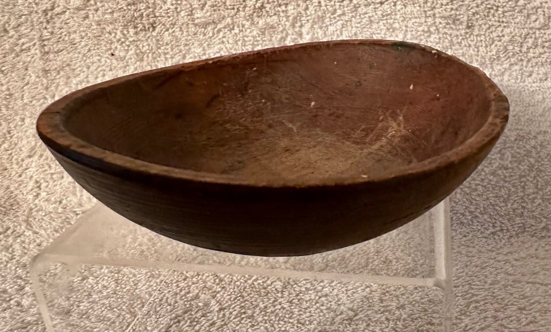 5¾” Diameter Wooden Bowl w/Orig. Surface: This 5 ¾” diameter Wooden Bowl is delightfully out of round (by about 1/4”) and retains its mellow, original surface (exact color -- Red? Brown? -- is hard to determine because it has