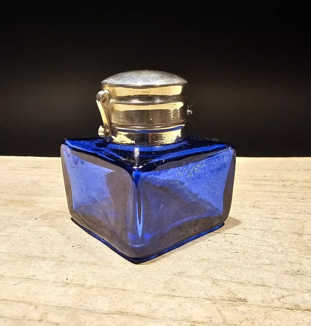 Cobalt Blue Square Glass Inkwell Ink pot Bottle (1 of 12)