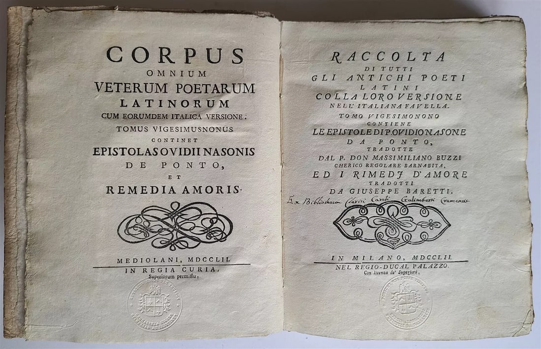 1752 OVID LATIN POETRY in ITALIAN antique EPISTOLAS OVIDII NASONIS by G. BARETTI: CORPUS OMNIUM VETERUM POETARUM LATINORUM EPISTOLAS OVIDII NASONIS DE PONTO , et REMEDIA AMORIS by GIUSEPPE BARETTI Milano; 1752 Old cardboard with manuscript title to the spine Size 7 1/4 by 8 3/4" 5