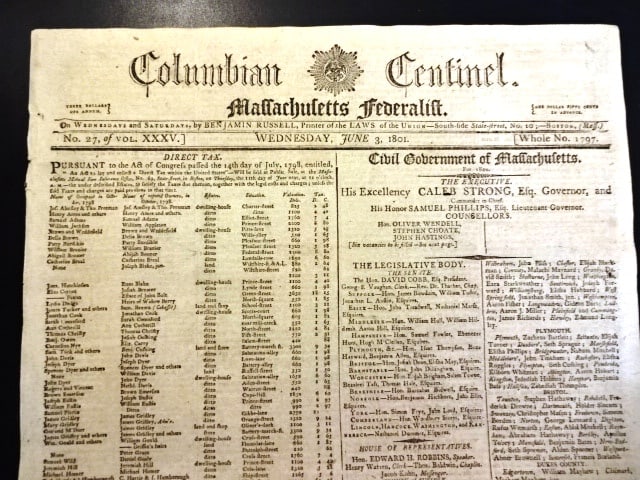 1801 Federalist Newspaper Tribute to George Washington: The "Columbian Centinel. Massachusetts Federalist" for June 3, 1801, four page complete. Interesting content including the Artillery Company of Boston hosting a tribute to George Washington, with many