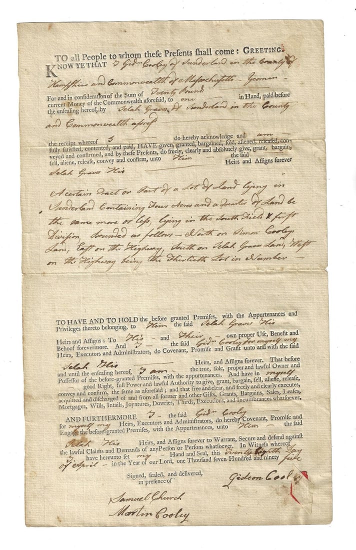1795 Massachusetts Deed Land in Sunderland (1 of 2)