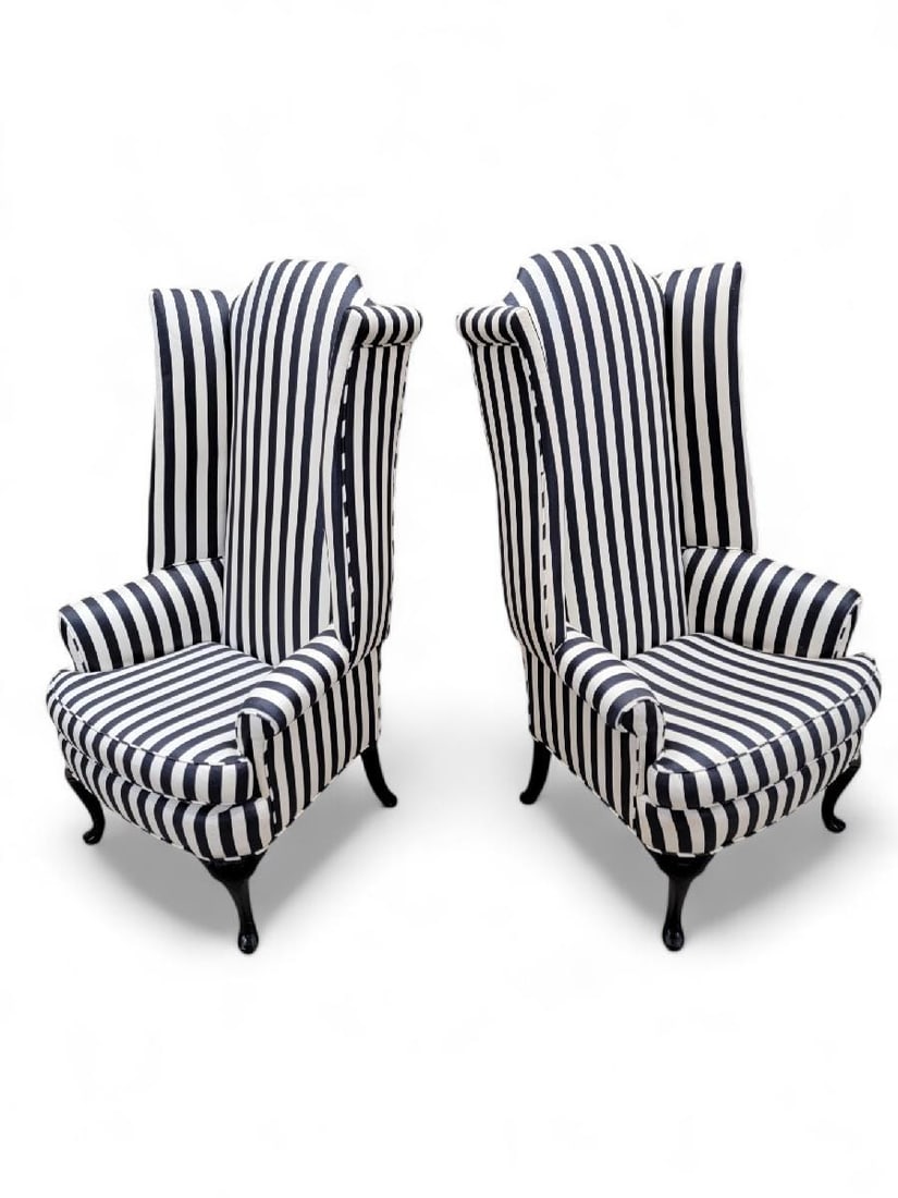 Vintage Queen Anne Style High Wingback Armchairs in Black and White Stripe Fabric - Pair: Vintage from before 2000 Vintage Queen Anne Style High Wingback Armchairs Upholstered in a Black & White Stripe Silk Blend - Pair Stunning Pair of Mackenzie-Childs Style Custom Designed and Uphols