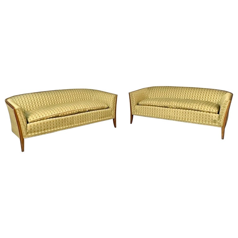 Pair Curved Mid-Century Modern Sofas / Settees, Loveseats John Stuart for Irwin: Pair Curved Mid-Century Modern Sofas / Settees Labeled John Stuart, Walnut Irwin Furniture Company settees or loveseats designed by John Stuart. Both bearing labels. The pair having lovely sleek frame
