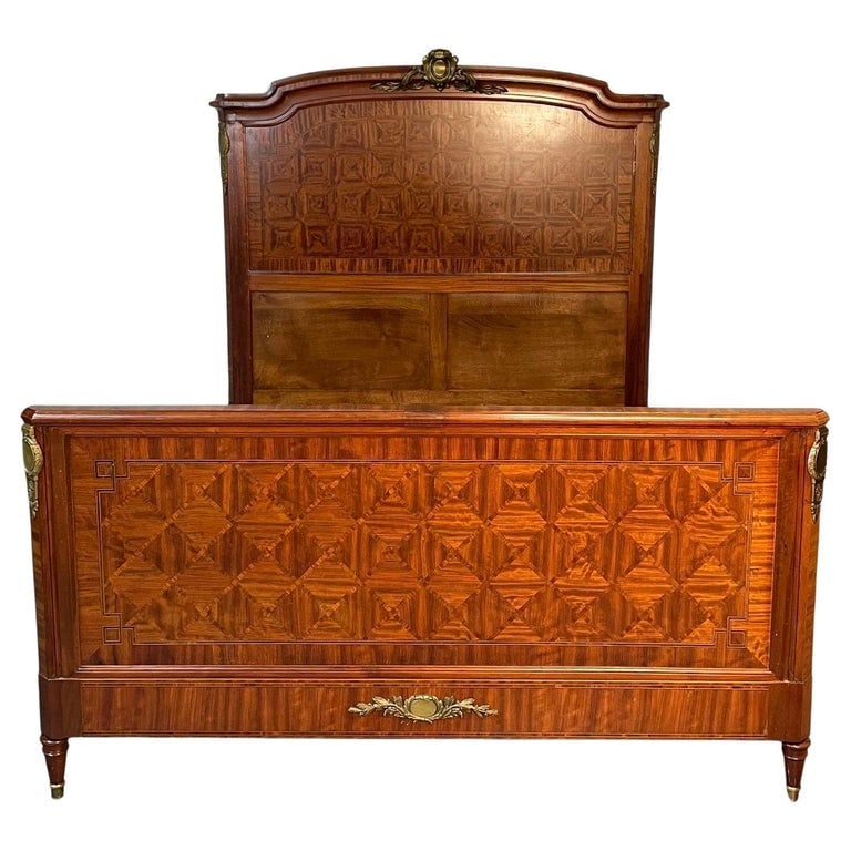 Louis XVI Style Full Size Bedframe by Mercier Frères, Parquetry, Bronze, French: French Louis XVI Style Full Size Bedframe by Mercier Frères, Parquetry, Bronze Louis XVI Style French Full Sized Bed having parquetry inlays on the headboard and footboard framed in an ebony and