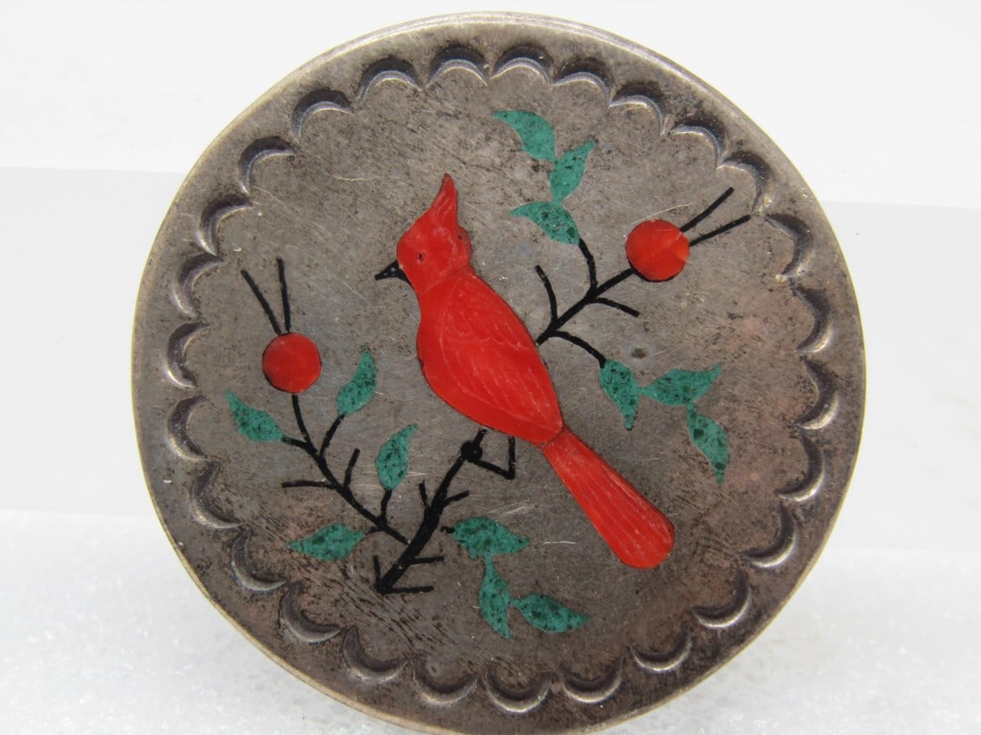 Vintage Sterling Navajo Inlaid Cardinal on Branch Brooch/Pendant, Raymond Boyd Signed, 1970's-1980's: Vintage Sterling Inlaid Cardinal on Branch Brooch/Pendant, RB, 1970's-1980's. This has a red inlaid cardinal and a berry on two branches with inlaid turquoise chips. The red is is solid and not chips.