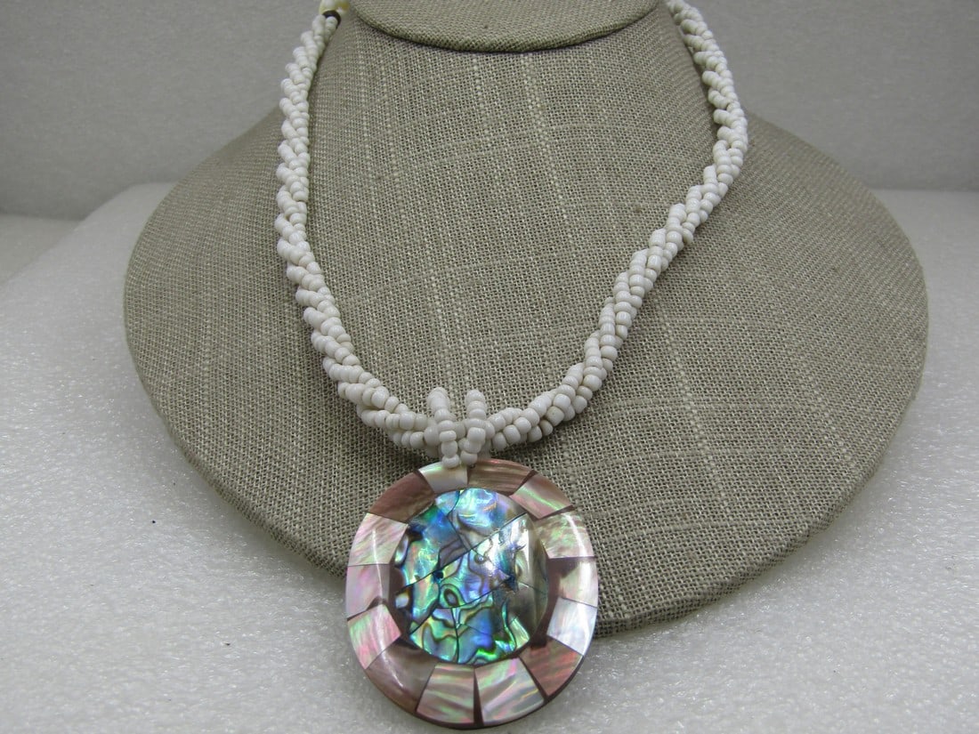 Vintage Southwestern White Seed Beaded & Inlaid Ablone Necklace, 18" (1 of 7)