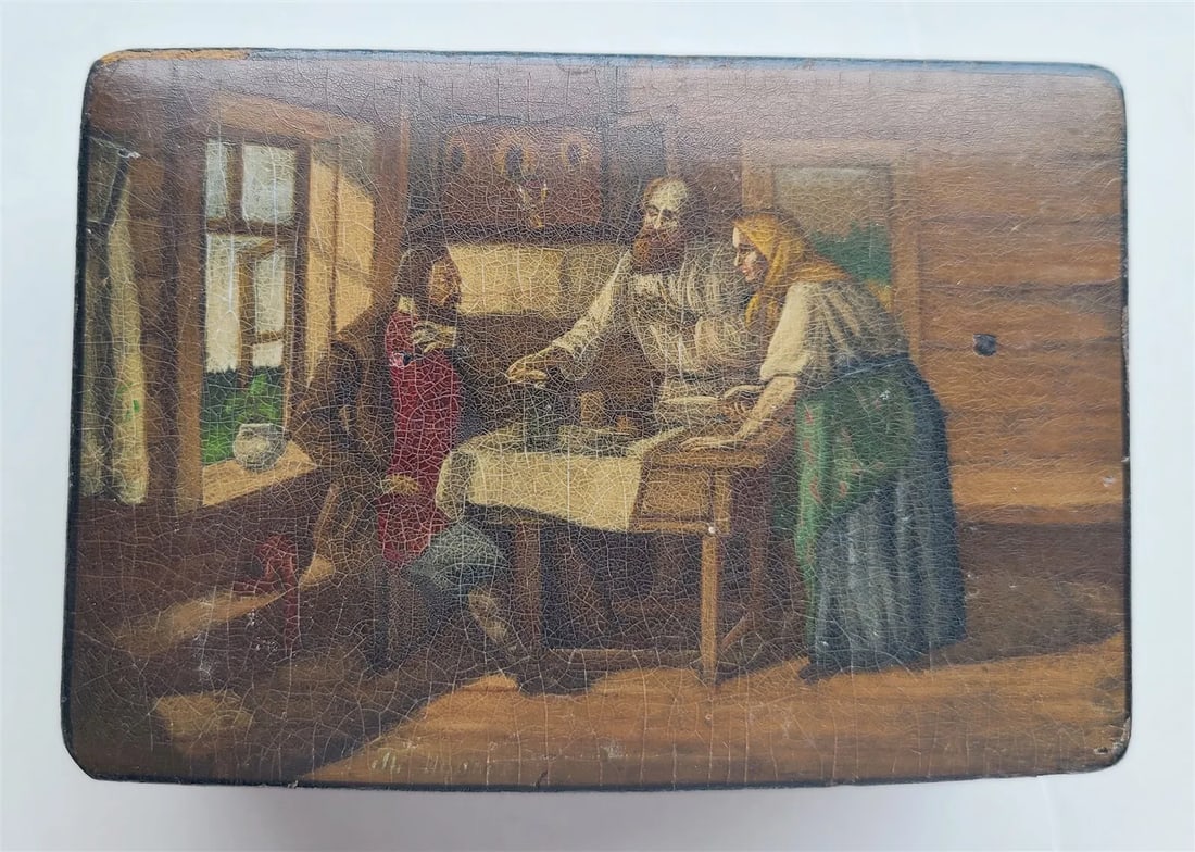 RUSSIAN ANTIQUE LACQUER BOX HAND PAINTED VINTAGE COUNTRY GENRE SCENE: Hand painted. Size 3 3/4 by 5" Good condition, minor damages to the inner side of the lid, visible on the photos Reserve: $201.00 Shipping: Domestic: Flat-rate of $25.00 to anywhere within the contigu