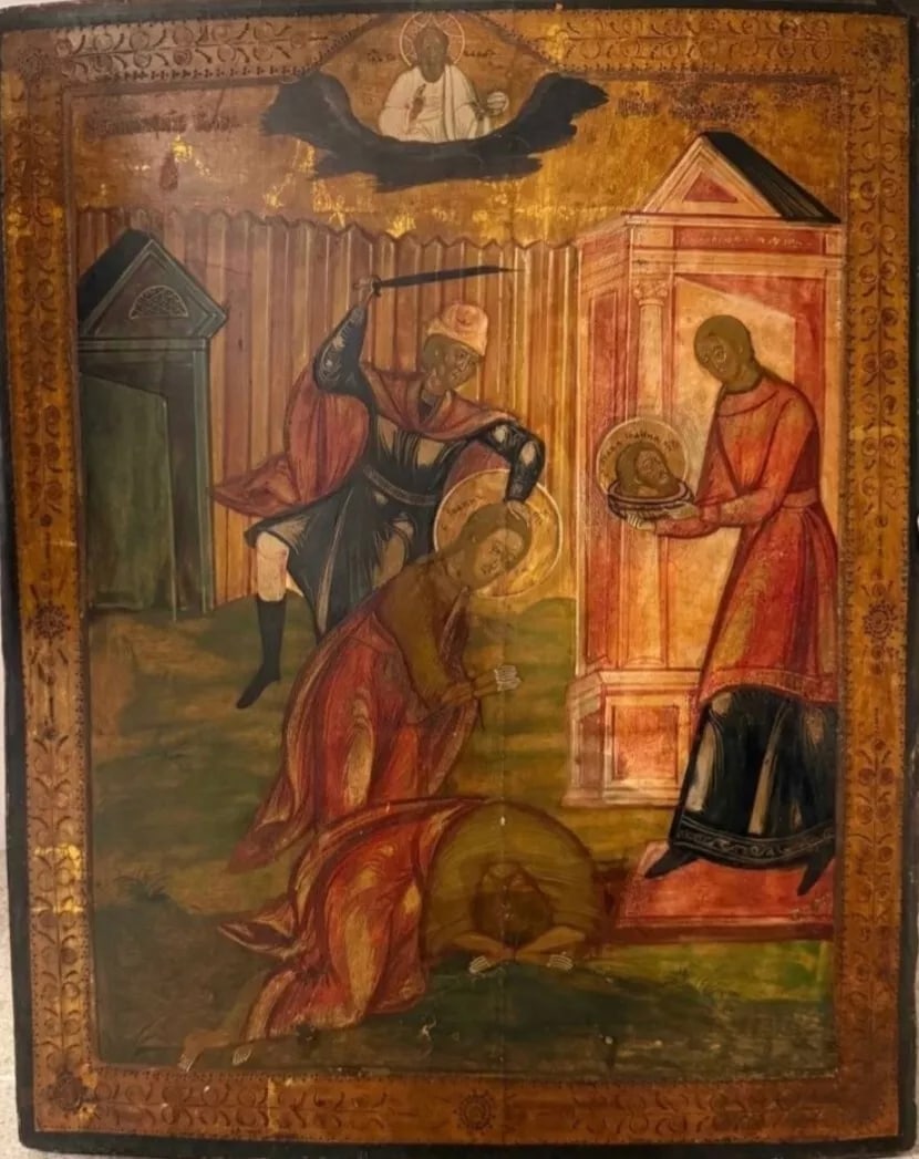 ANTIQUE 19c HAND PAINTED RUSSIAN ICON OF BEHEADING OF ST.JOHN (1714): STUNNING RUSSIAN ANTIQUE 19c ORTHODOX ICON OF THE BEHEADING OF ST JOHN. VERTICAL CRACK SIZE ;H : 44 x 35,5 cm. Reserve: $1,995.00 Shipping: Domestic: Flat-rate of $49.00 to anywhere within the cont