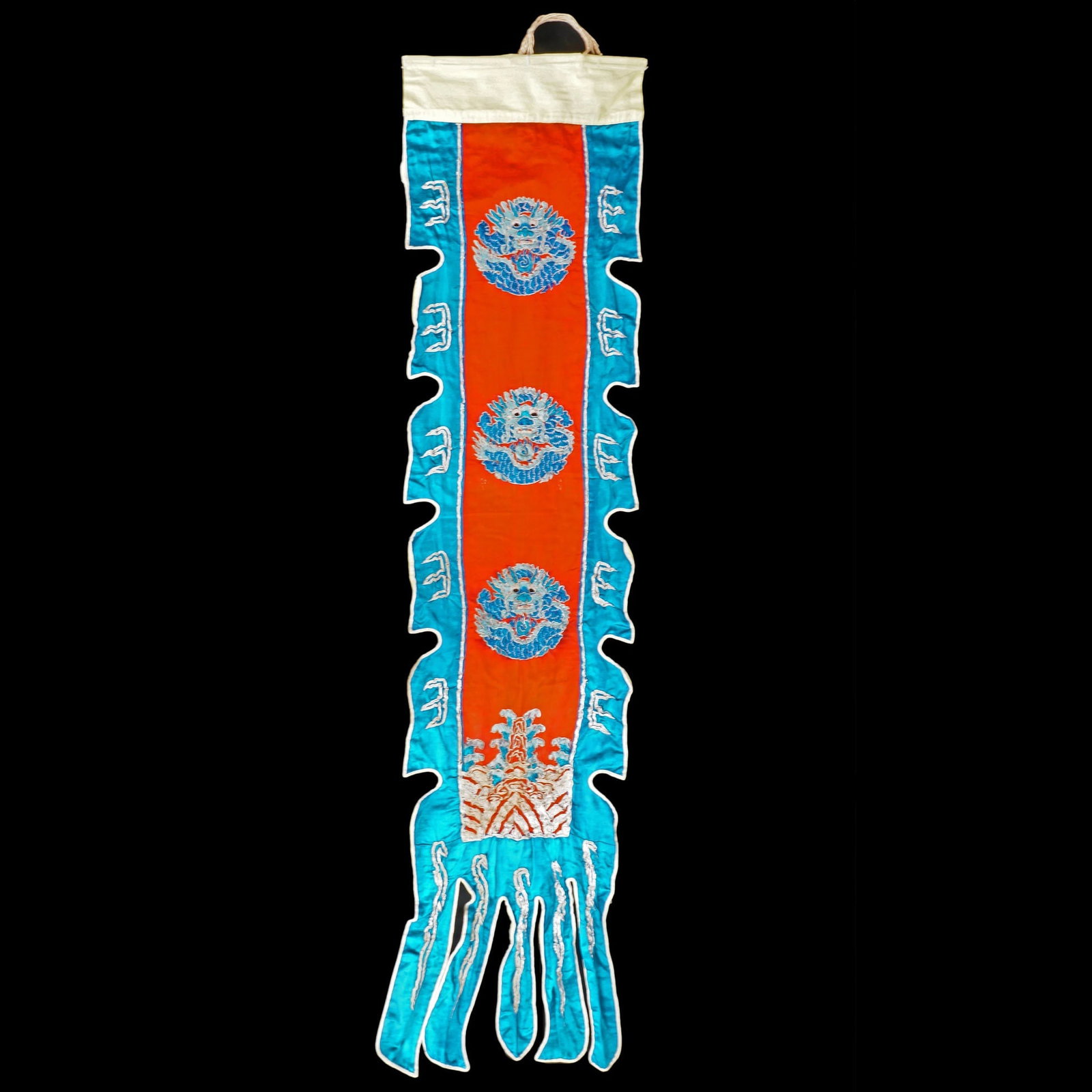 Vintage Chinese Dragon Banner Republic Period: Title: Vintage Chinese Dragon Banner Republic Period Size: 53 in (134.6 cm) long x 13 in (33.0 cm) wide. Description:A colorful hanging banner with three dragon rondels above crashing waves. A red and