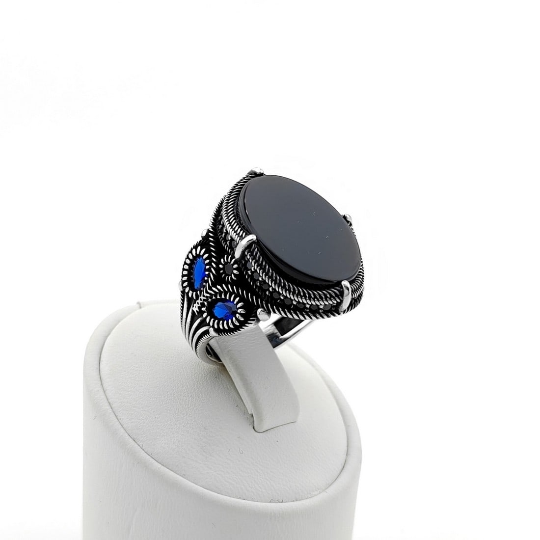 925 Silver Men's Ring with Black Onyx and Blue Zircons (1 of 8)