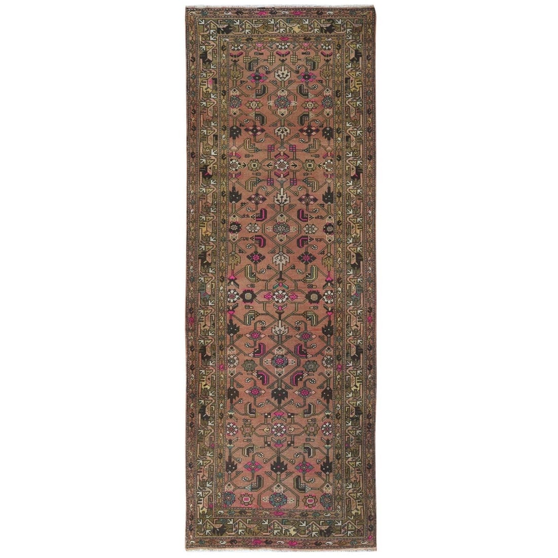 Pink, Vintage Persian Hamadan Worn Wool Hand Knotted Wide Runner Rug (1 of 7)