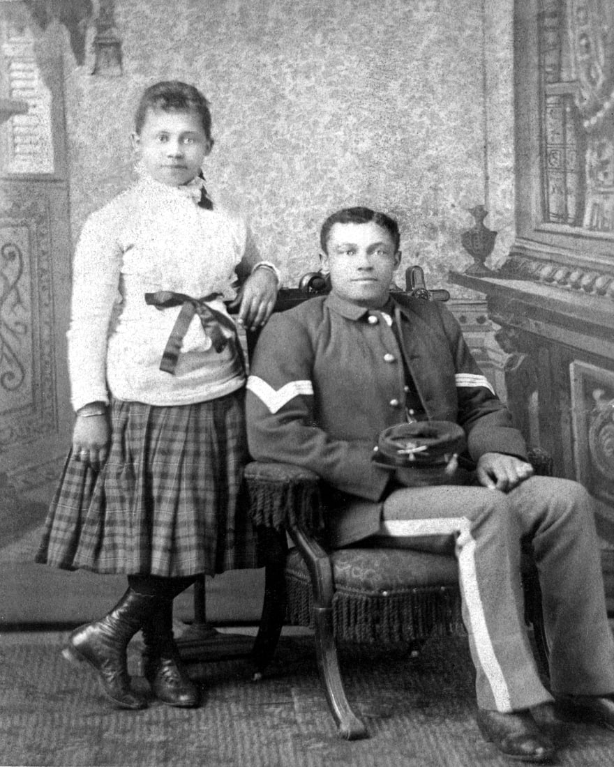 1877, 'BUFFALO SOLDIER, INFANTRY SARGEANT WITH YOUNG GIRL: Title: 1877, 'BUFFALO SOLDIER, INFANTRY SARGEANT WITH YOUNG GIRL Artist/Source: ALBERT POLLACK Original Date: 1877 Dimensions: 10X8 Description: || DOMESTIC SHIPPING ONLY!|| This lot is a Dye Based Ph