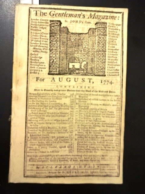 1774 Gentleman's Magazine American Colonial Protest: The August 1774 issue of The Gentleman's Magazine, printed at London, 56 pages. Includes folding engraving of a canal between Leeds to Selby,. Good content on the unrest in the colonies after the Brit