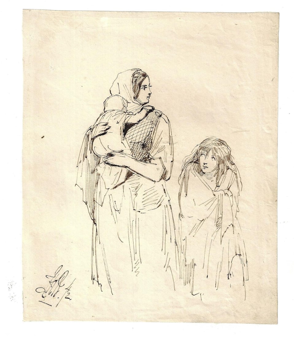 1870 Original Ink Drawing of Hablot Phiz Browne: An ink drawing of Hablot "Phiz" Browne (1815-1882) , circa 1870 initialed in lower left corner. Browne was a prolific illustrator of the Victorian era including of several Dickens works. Mounted on pa