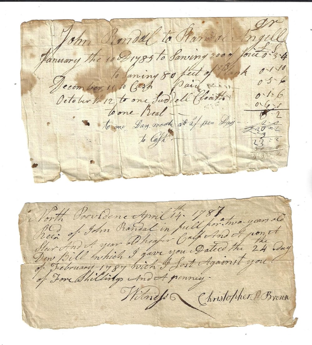 1787 Two Manuscript Receipts Rhode Island (1 of 1)