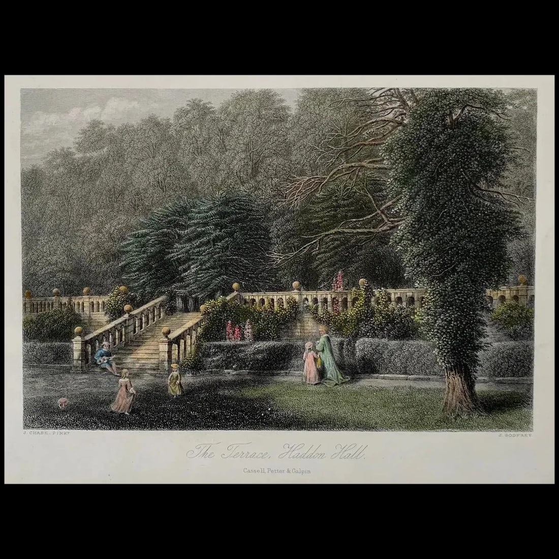 Antique engraving. Derbyshire, Haddon Hall Terrace, 1875.: Title: The Terrace, Haddon Hall. Engraver: John Godfrey (British, 1817-1889). Artist: after John Chase (British, 1810–1879). Description: Steel engraved antique print with recent hand colour, on