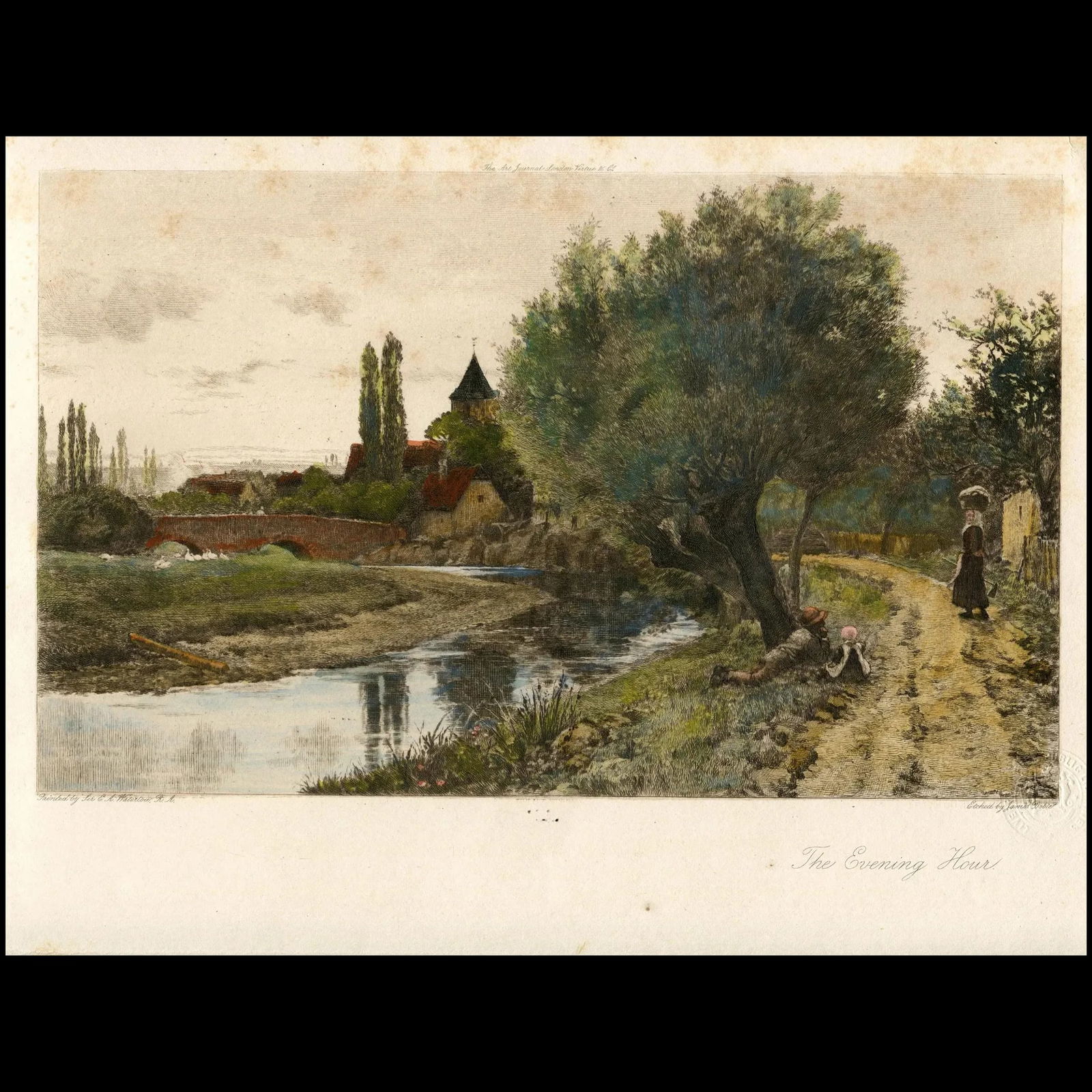 Antique engraving. The evening hour, after E.A. Waterlow. Engraved by J. Dobie (1906): Title: The evening hour. Artist: after Ernest Albert Waterlow (British, 1850 - 1919) Etcher: James Dobie (Bristish, 1849 - c.1911). Production date: 1906. Description: hand colored engraving. With dry