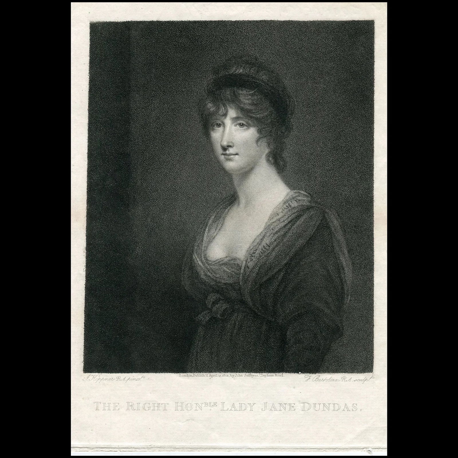 Antique engraving. The Right Honorable Lady Jane Dundas, after J. Hoppner. Engraved by F. Bartolozzi: Title: The Right Honorable Lady Jane Dundas. Artist: after John Hoppner (1758-1810). Engraver and etcher: Francesco Bartolozzi (1728-1815). Description: Half-length portrait, facing three-quarter to l