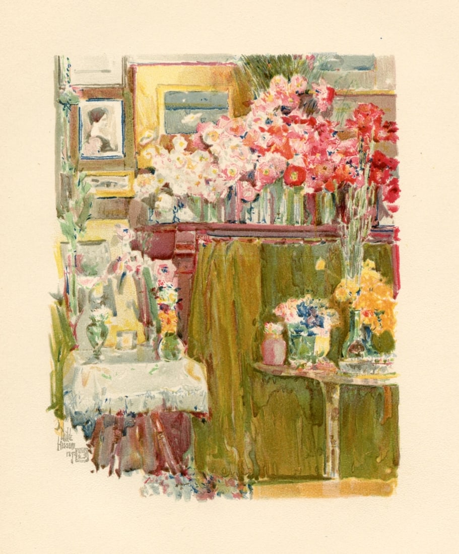 Childe Hassam chromolithograph "The Altar and Shrine": Medium: chromolithograph (after the watercolor). Beautifully printed in 1894 to illustrate the rare Celia Thaxter volume entitled "An Island Garden". Celia Thaxter and Childe Hassam were close friends