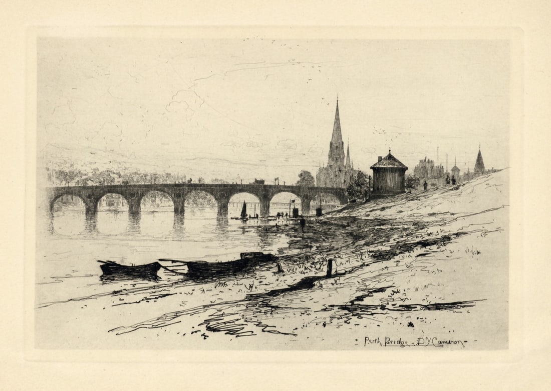 David Young Cameron "Perth Bridge" original etching: Medium: original etching. Catalogue reference: Rinder 28. Executed in 1889; this is a fine, dark impression on wove paper from "The Portfolio" edition, published in London by Seeley, Jackson & Hallida