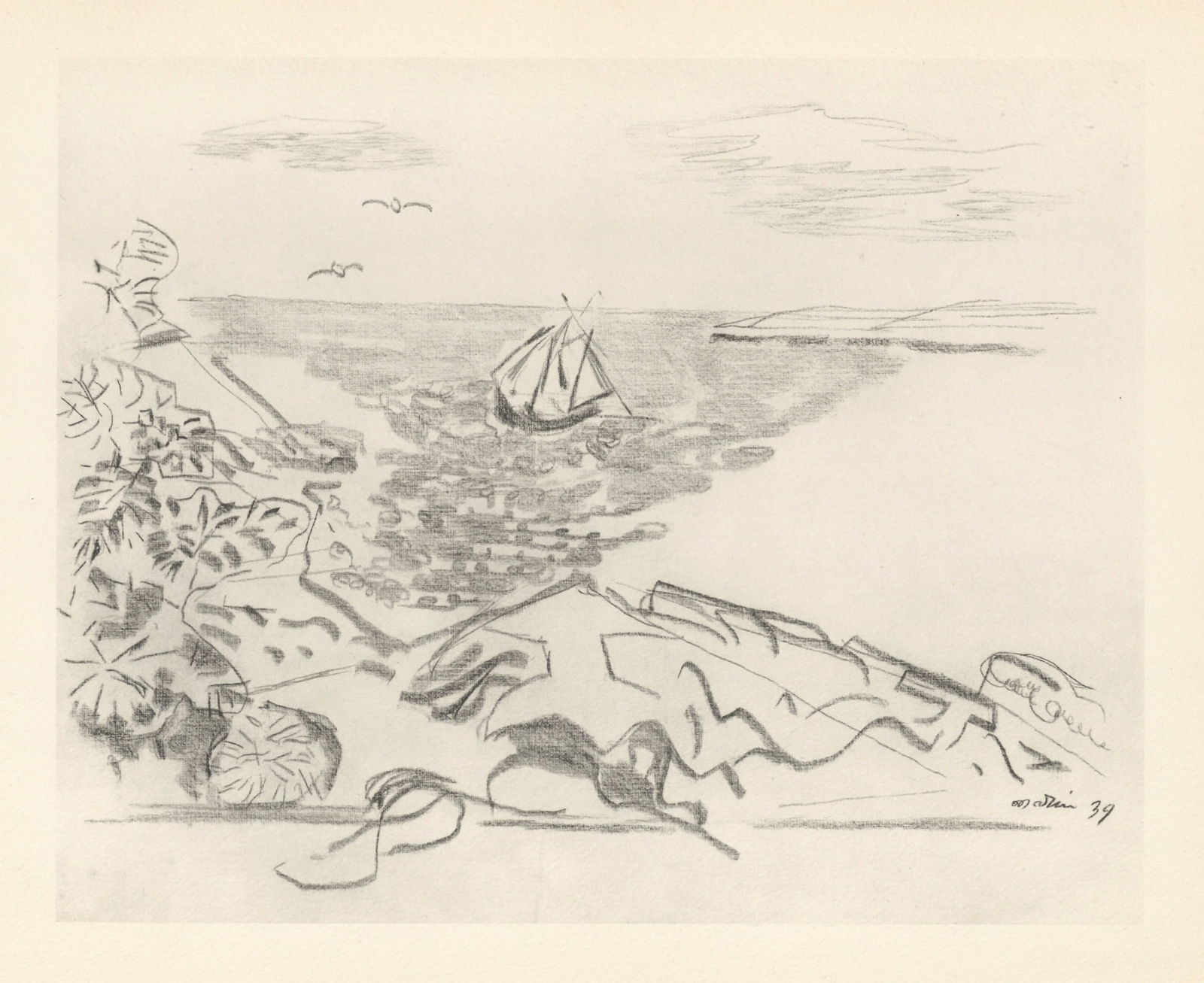 John Marin "Coast Scene": Medium: collotype (after the drawing). Issued in 1950 in a limited edition of 125 on watermarked Johannot wove paper. The image size is 7 3/4 x 9 3/4 inches; the full sheet measures 10 x 12 1/2 inches