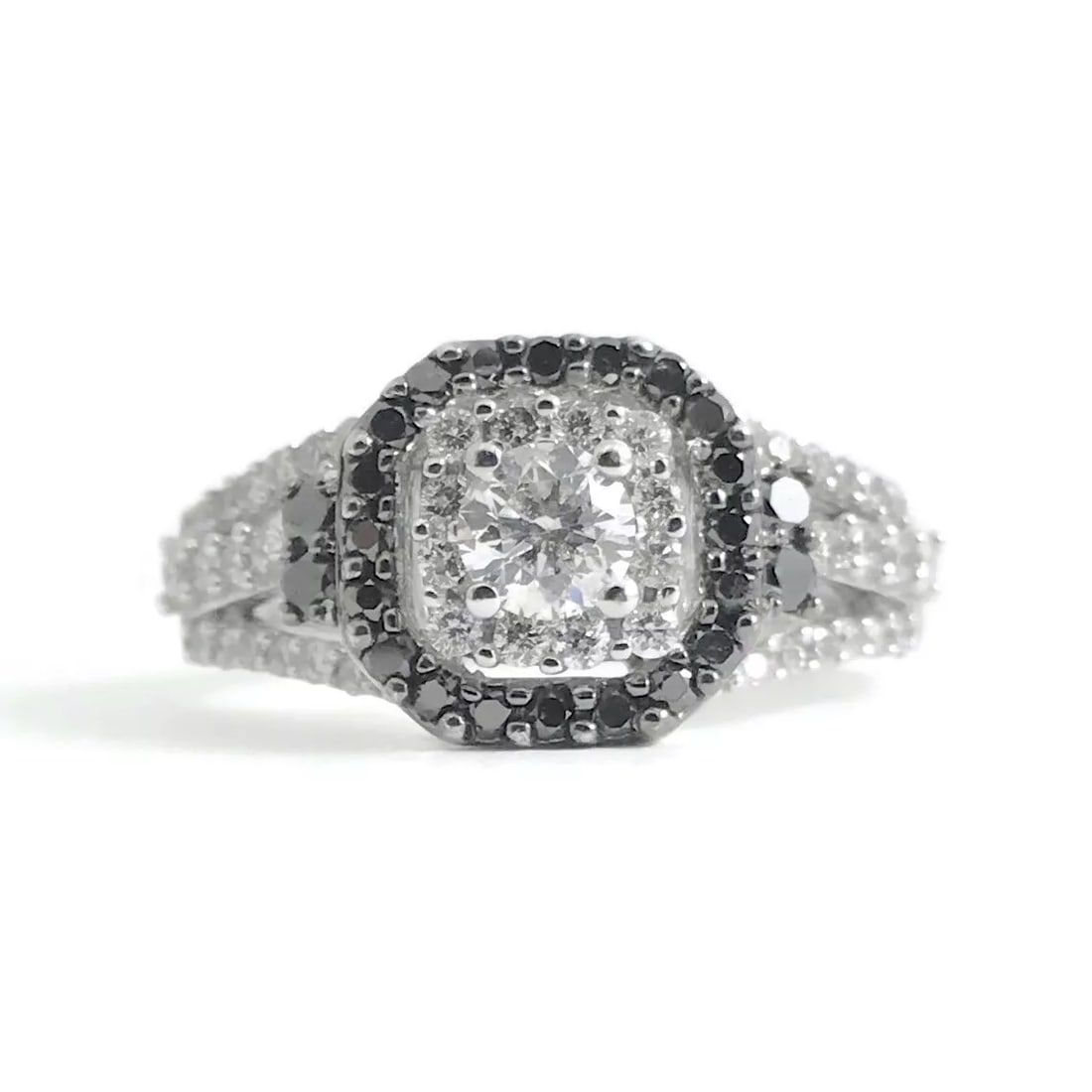 Black White Diamond Cushion Halo Engagement Ring 14K White Gold 1.30 CTW (1 of 9)