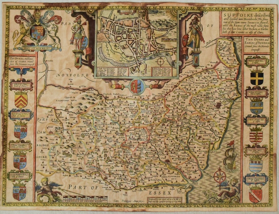 1627 Speed Map of Suffolk -- Suffolke Described and Divided into Hundreds: Title: 1627 Speed Map of Suffolk -- Suffolke Described and Divided into Hundreds Cartographer: J Speed Year / Place: 1627, London Map Dimension (in.): 14.7 X 19.8 in. This is an excellent map of Suffo