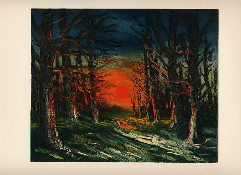 Vlaminck Lithograph 25 Sunset in the forest of senonches: Title: Sunset in the forest of senonches Artist: Maurice de Vlaminck Country: France Medium: Lithograph - 25 Marks: Not Signed not numbered Paper Size:. 12.5 x 9.5 inch Printed: 1958 by Mourlot