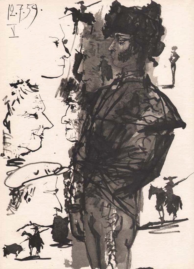 Pablo Picasso Toros Y Toreros 5 dated 12/7/59: Artist: Pablo Picasso County: Spain Title: Toros y Toreros 5 dated 12/7/59 Medium: Bichromie Paper size: On vellum 14.75 x 10.50 inch Publisher: 1961 by Editions Cercle d'art, France Provenance: Sketc