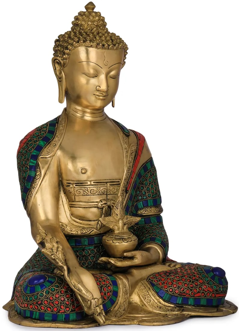 16" The Resplendent Medicine Buddha In A Robe Of Blue In Brass | Handmade | Made In India: Title: 16" The Resplendent Medicine Buddha In A Robe Of Blue In Brass | Handmade | Made In India Description: Brass Statue With Inlay Work Height: 16.2 inch Width: 9.7 inch Depth: 13 inch Weight: 11.8