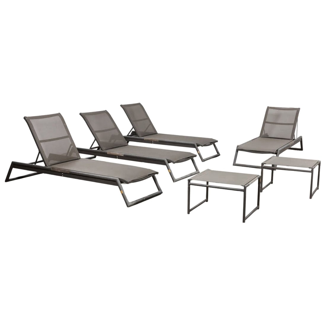 Harbour Outdoor Contemporary Sling-Fabric Adjustable Chaise Lounge Outdoor Set: About the Item A six-piece poolside or patio grey painted metal and teak lounge suite set featuring four chairs and two matching ottoman/ side tables. Crafted in durable Serge Ferrari fabric. The slee