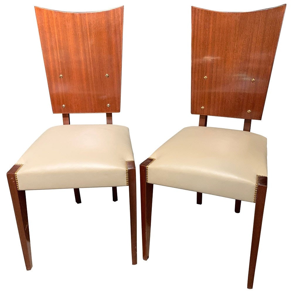Set of Five French Andre Sornay Style Mid-Century Modern Dining / Side Chairs: Set of Five French Andre Sornay Style Mid-Century Modern Dining / Side Chairs Set of five Mid-Century Modern or Art Deco style shield back dining, office or side chairs. Each having a Macassar style h