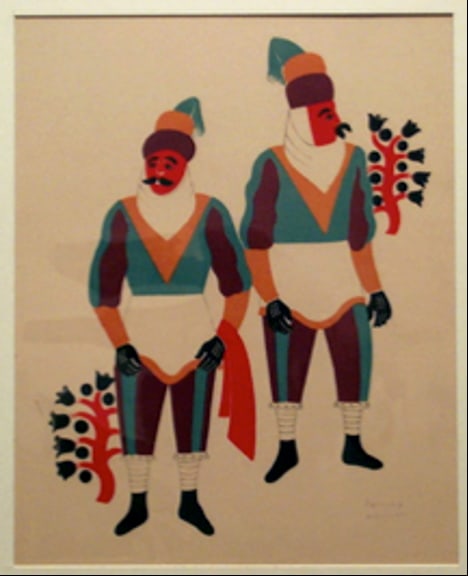 Carlos Merida Carnival in Mexico (Plate 8). 1940: Lithograph in colors signed by the artist in pencil, lower right. Impression from an edition of 500. Published by Taller Grafica Popular. This is the Octoxco, State of Tlaxcala Dance of the Moors. She