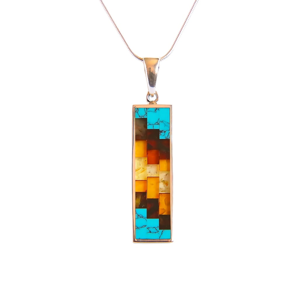BALTIC AMBER AND TURQUOISE HANDMADE MOSAIC PENDANT NECKLACE IN 925 STERLING SILVER: Title: BALTIC AMBER AND TURQUOISE HANDMADE MOSAIC PENDANT NECKLACE IN 925 STERLING SILVER Description: This exquisite handmade mosaic pendant necklace pendant that artfully combines the rich hues of B