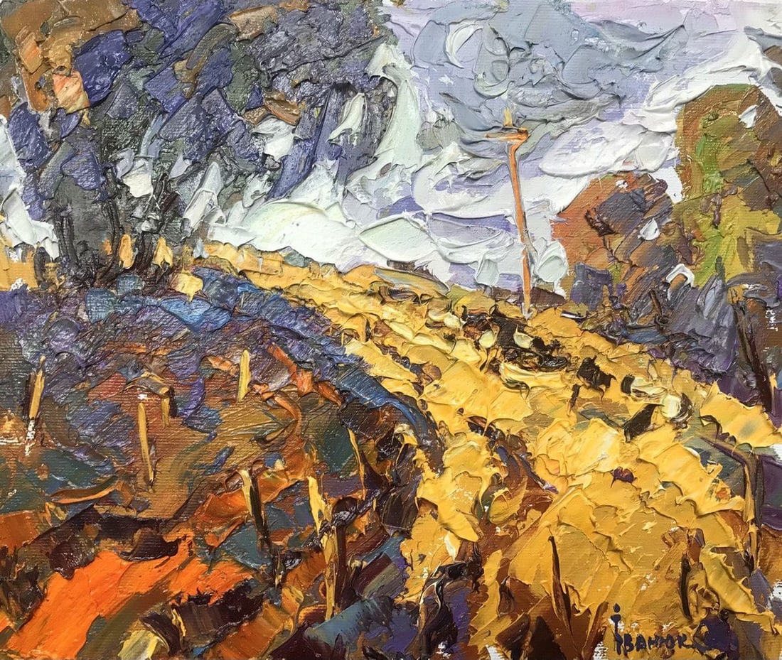 Oil painting Golden path Kalenyuk Alex: Kalen 875 *** ABOUT THIS PAINTING *** * TITLE: "Golden path" * ARTISTS: Kalenyuk Alex * SIZE: 25x30 cm/'9.84x11.81inches' * MEDIUM: oil, cardboard * HAND PAINTED: Original painting from our collection
