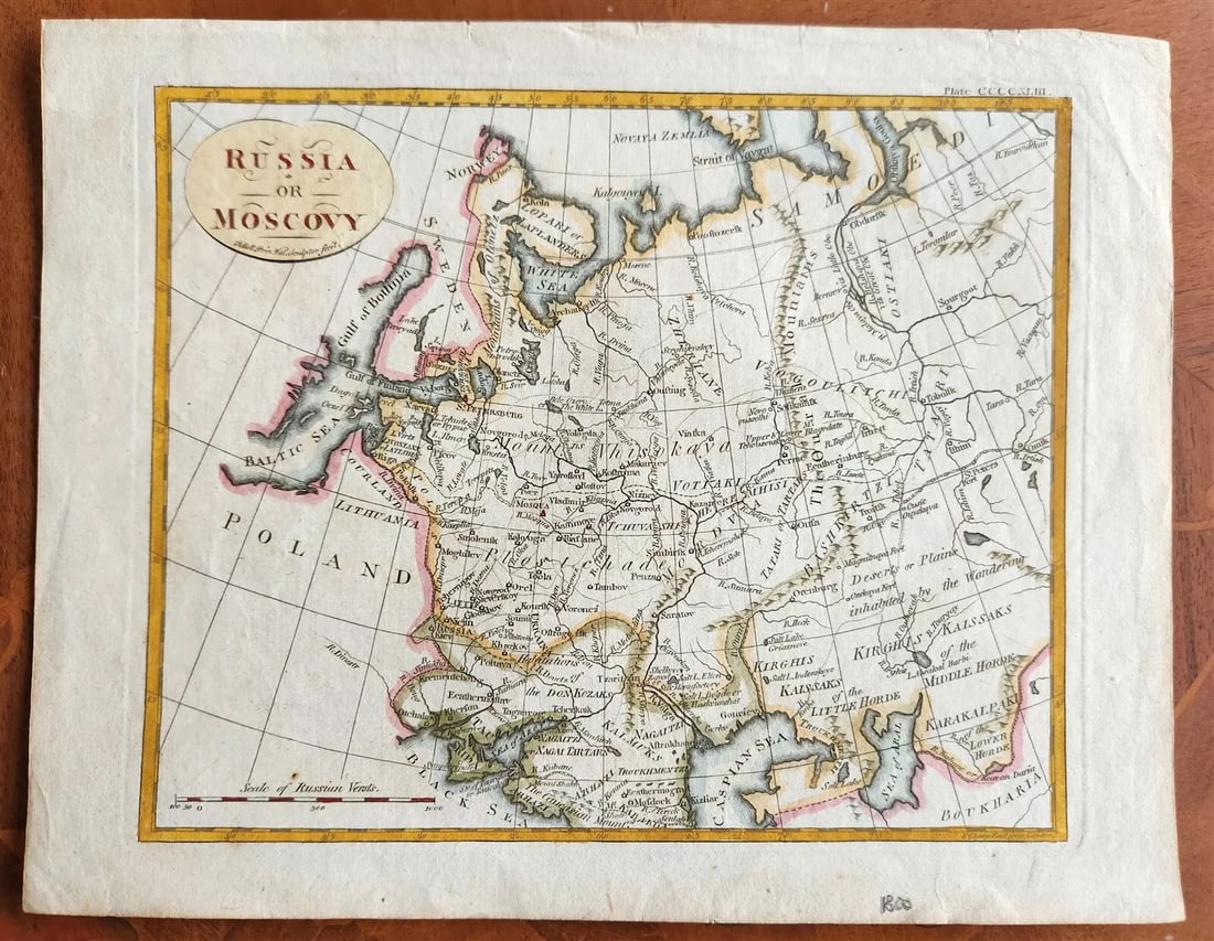 1800 MAP OF RUSSIA or MUSCOVIE antique inc. CENTRAL ASIA: RUSSIA , or MOSCOVY engraved hand colored map C.1800 size (including margins) 8 1/4 by 10 1/2" Very good condition Reserve: $70.00 Shipping: Domestic: Flat-rate of $25.00 to anywhere within the contig