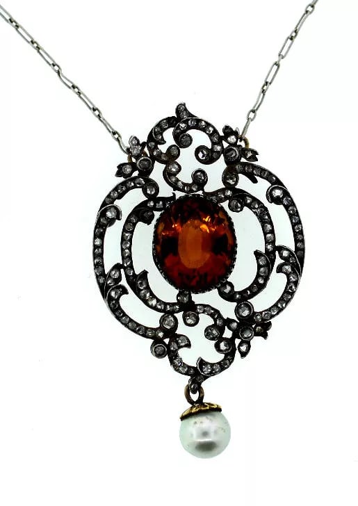 C.1870 RUSSIAN SILVER 14K YELLOW GOLD CITRINE PEARL ROSECUT DIAMOND NECKLACE (1 of 8)