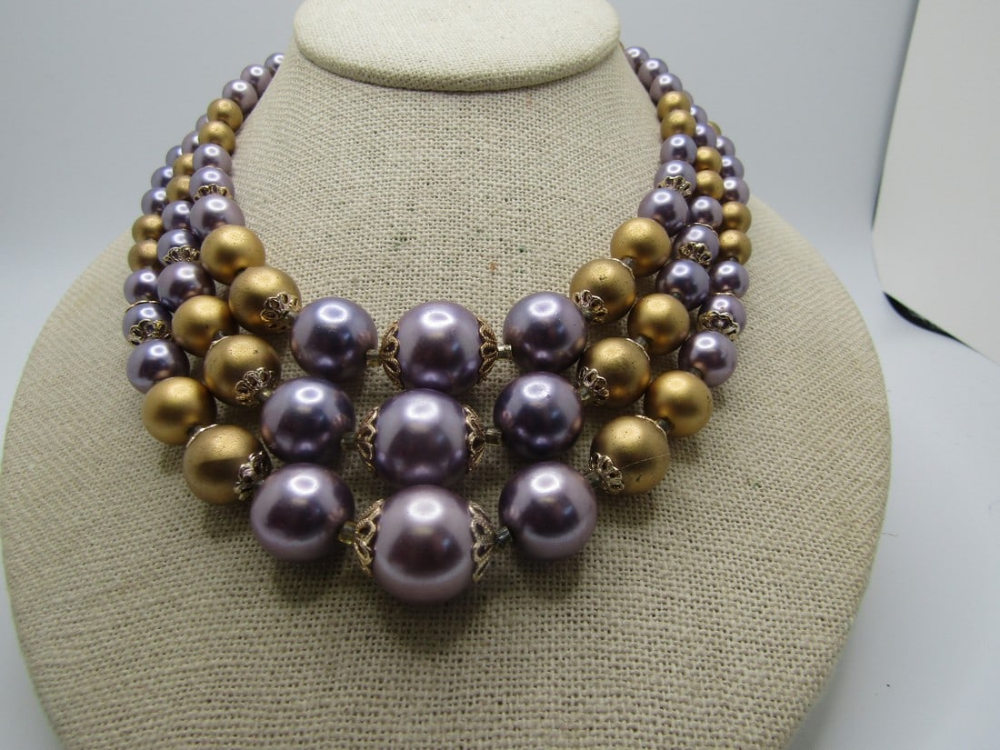 Vintage Graduated Purple & Gold Beaded Necklace, Triple Strand, Japan, 1940's-1950's, 17" (1 of 6)